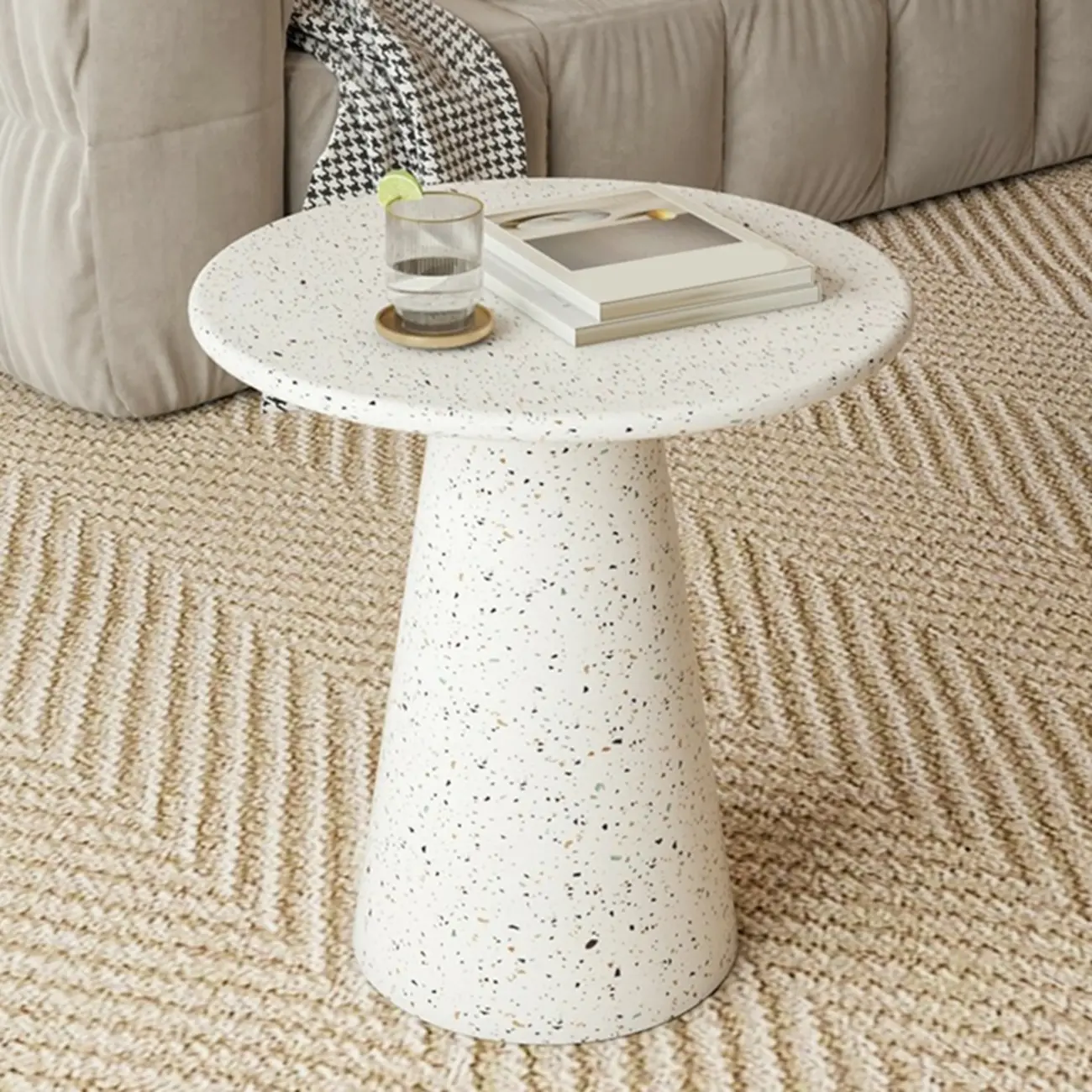 Modern Round Beige Metal End Table for Living Room Image - 10 | homeyfad