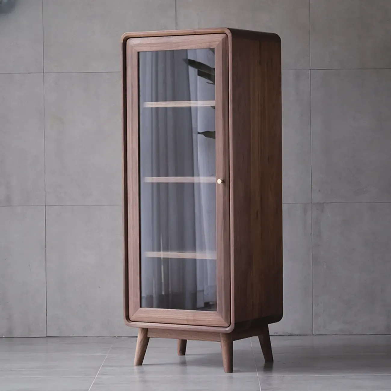 Mid-Century Brown Accent Cabinet with glass Door & 2 Drawers Image - 7