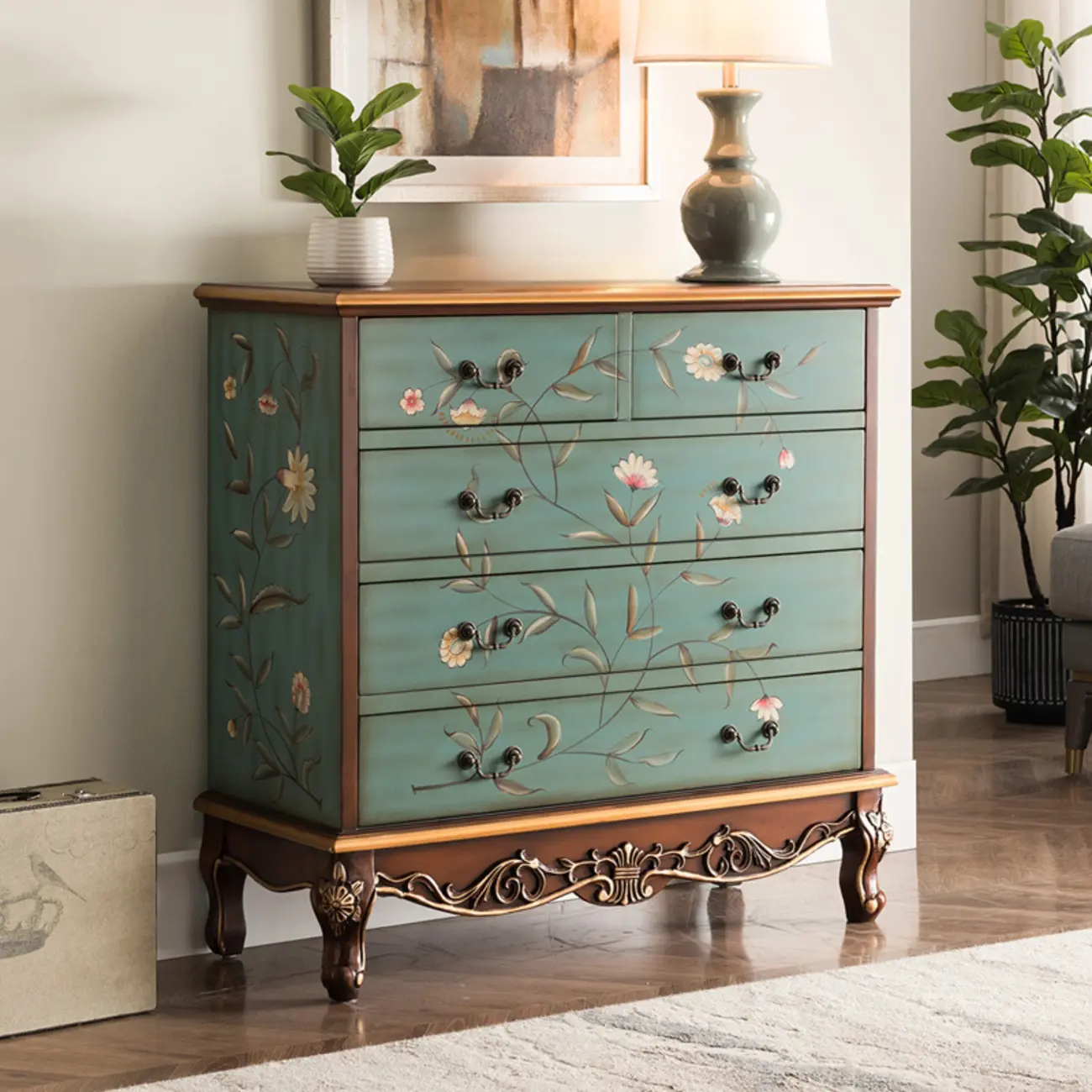 Rustic Wooden Floral Cabinet for Home with 3/5/9 Drawers Image - 1 | homeyfad
