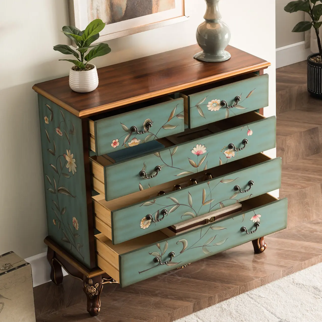 Rustic Wooden Floral Cabinet for Home with 3/5/9 Drawers Image - 2 | homeyfad