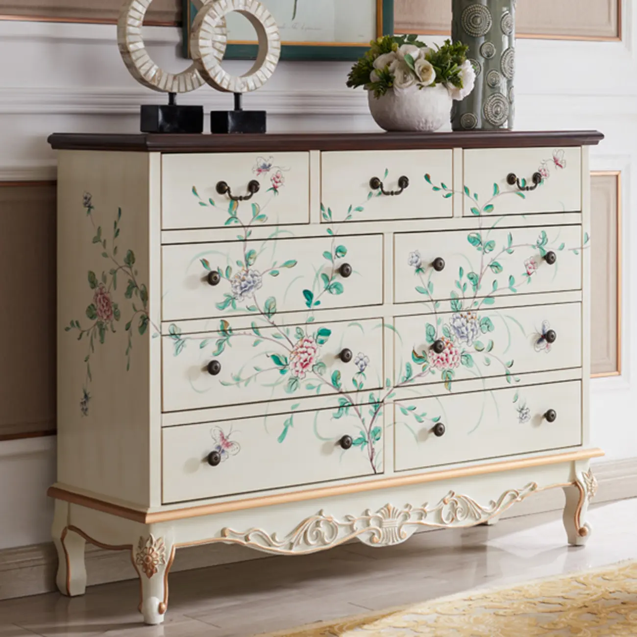 Rustic Wooden Floral Cabinet for Home with 3/5/9 Drawers Image - 3 | homeyfad