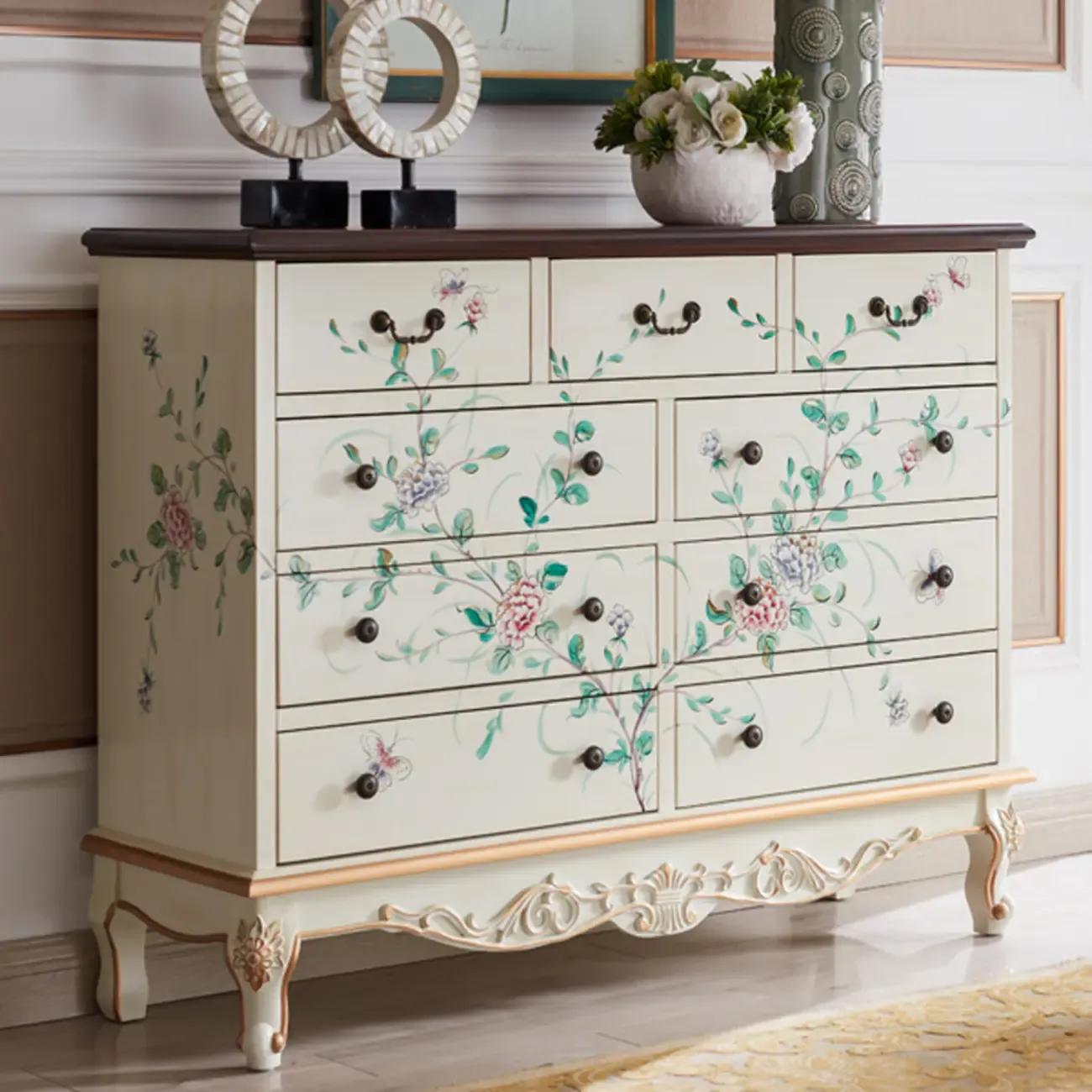 Rustic Wooden Floral Cabinet for Home with 3/5/9 Drawers Image - 3
