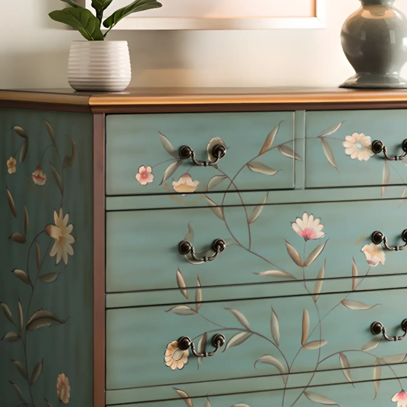 Rustic Wooden Floral Cabinet for Home with 3/5/9 Drawers Image - 6