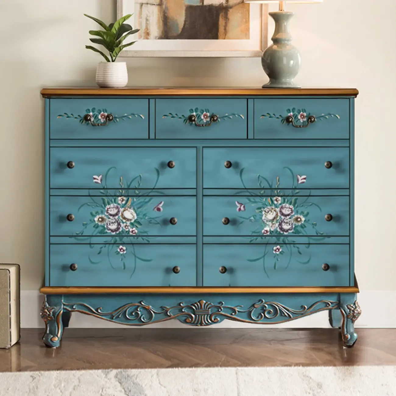 Rustic Wooden Floral Cabinet for Home with 3/5/9 Drawers Image - 9
