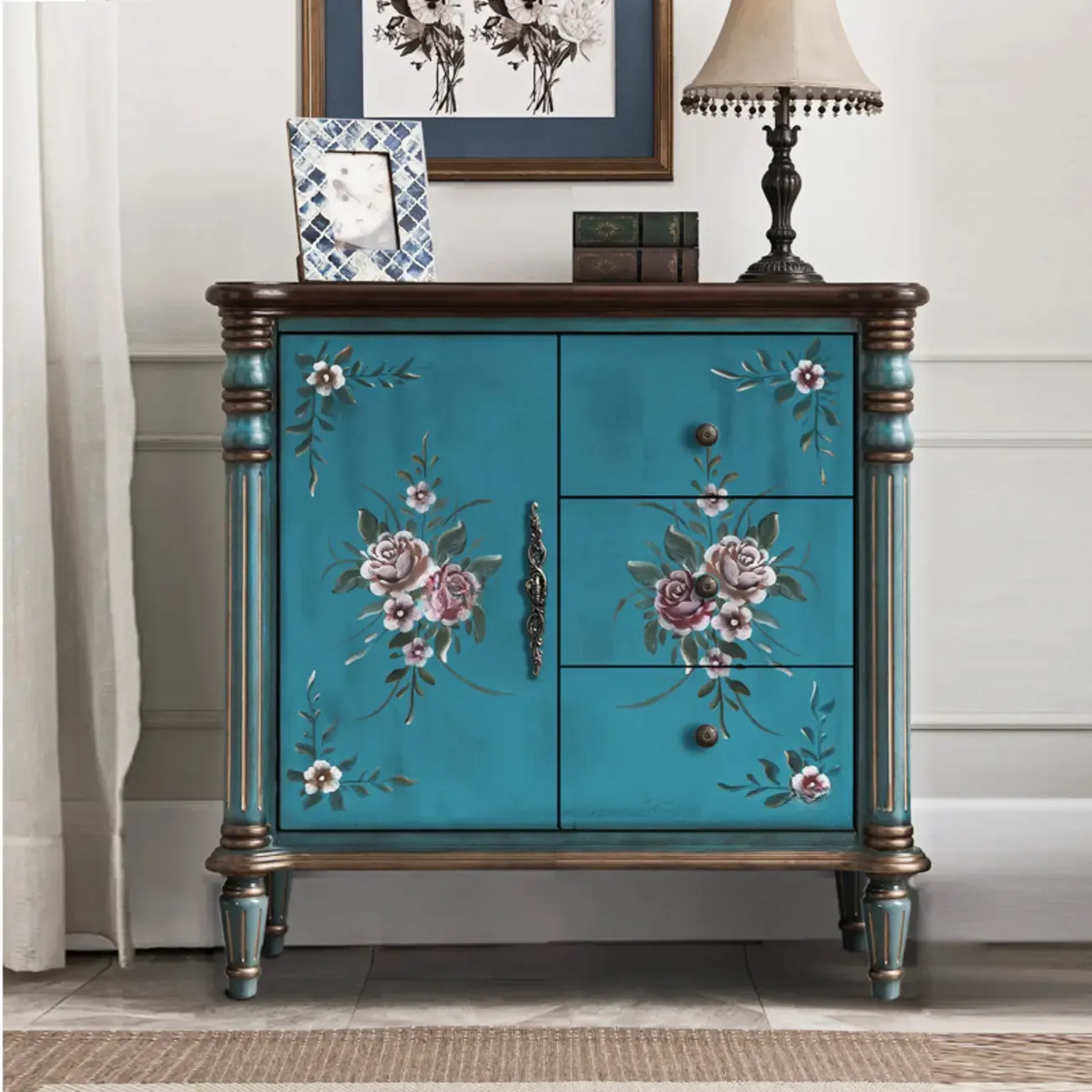 Rustic Wooden Floral Cabinet for Home with 3/5/9 Drawers Image - 10