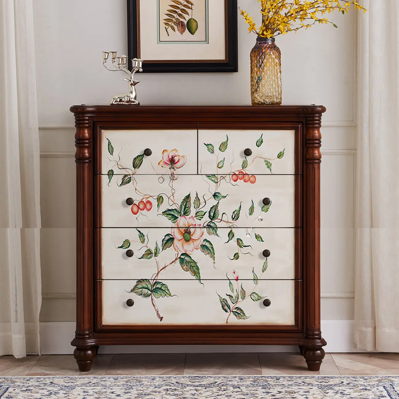 Rustic Wooden Floral Cabinet for Home with 3/5/9 Drawers Image - 11 | homeyfad