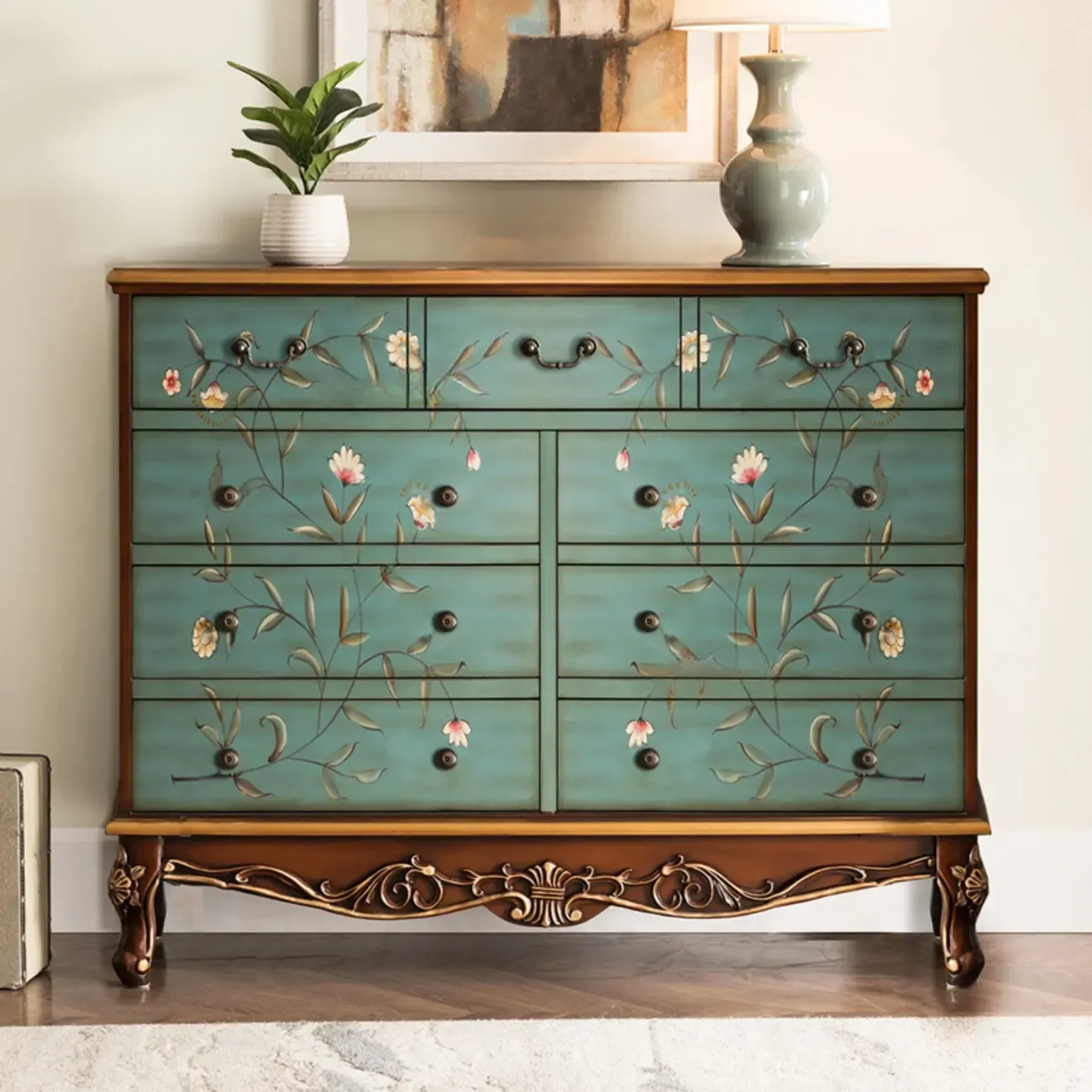 Rustic Wooden Floral Cabinet for Home with 3/5/9 Drawers Image - 12