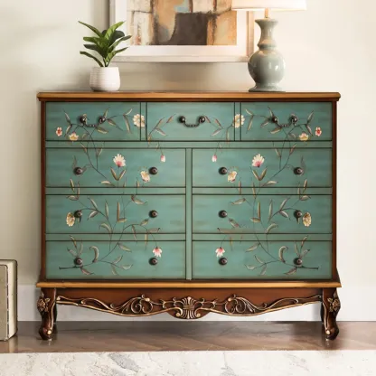 Rustic Wooden Floral Cabinet for Home with 3/5/9 Drawers Image - 12