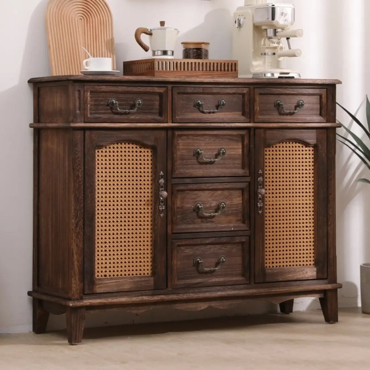 Rustic Wooden Cabinet with Rattan-Weaved for Living Room  Image - 1