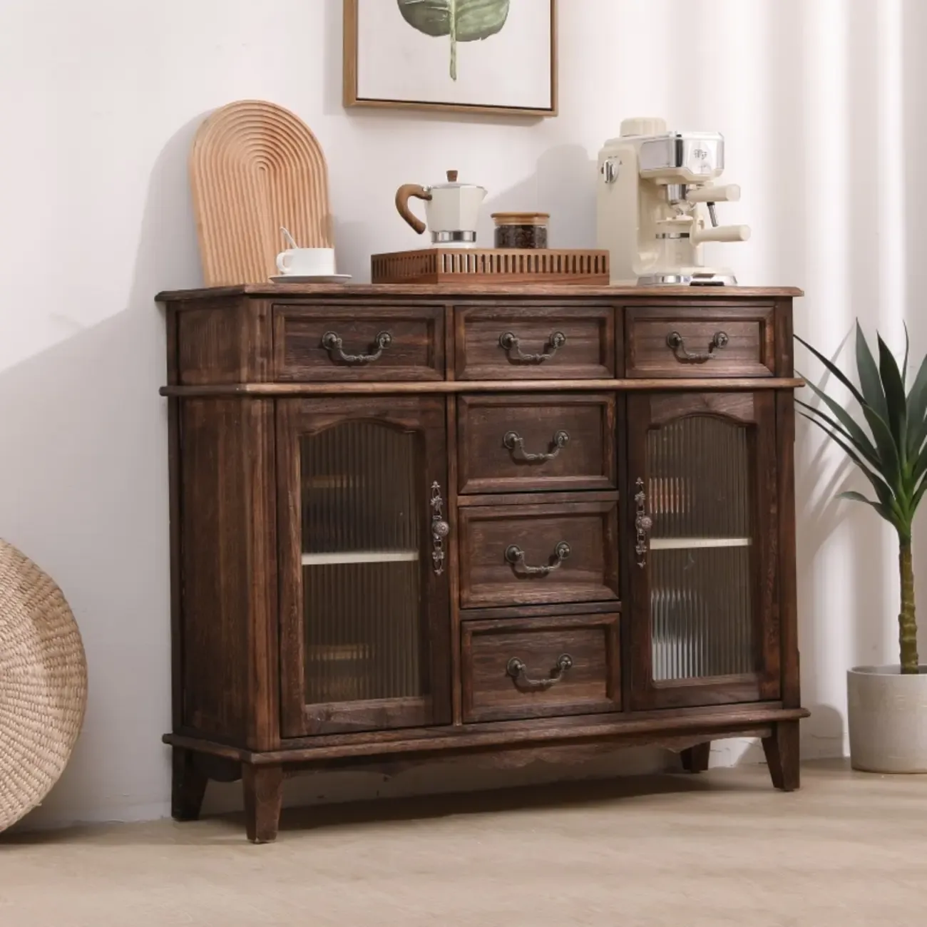 Rustic Wooden Cabinet with Rattan-Weaved for Living Room  Image - 3