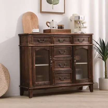 Rustic Wooden Cabinet with Rattan-Weaved for Living Room  Image - 3