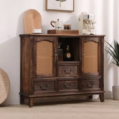 Rustic Wooden Cabinet with Rattan-Weaved for Living Room  Image - 5
