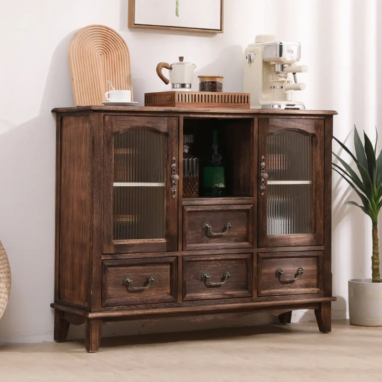 Rustic Wooden Cabinet with Rattan-Weaved for Living Room  Image - 8