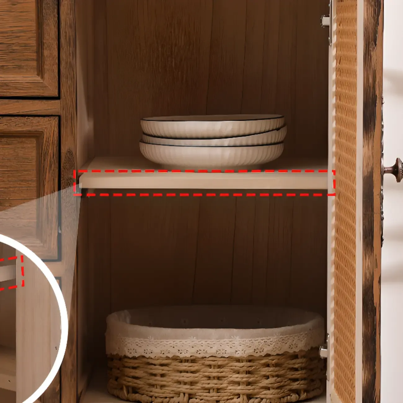 Rustic Wooden Cabinet with Rattan-Weaved for Living Room  Image - 14