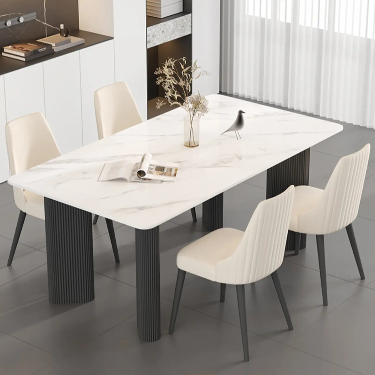 Modern White Slate Dining Room Set with Cushion Chairs Image - 1 | homeyfad