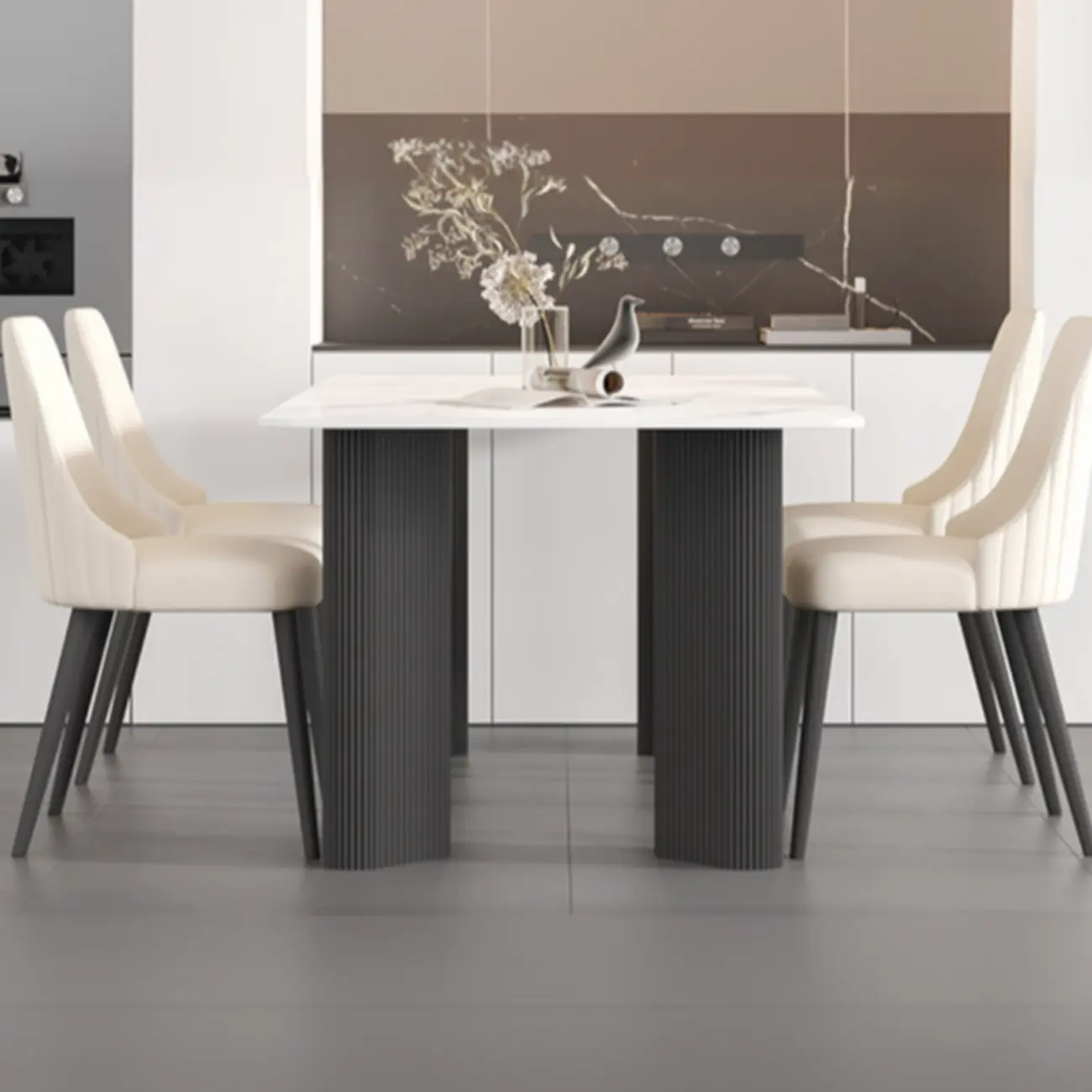 Modern White Slate Dining Room Set with Cushion Chairs Image - 2 | homeyfad