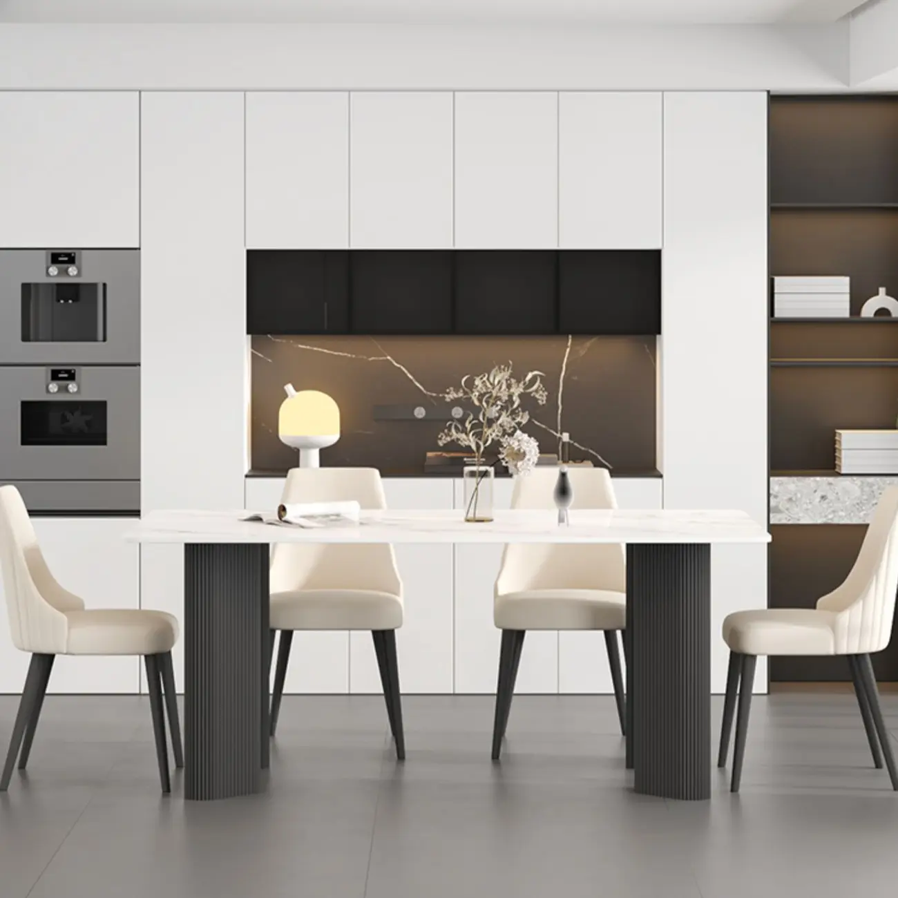 Modern White Slate Dining Room Set with Cushion Chairs Image - 3 | homeyfad