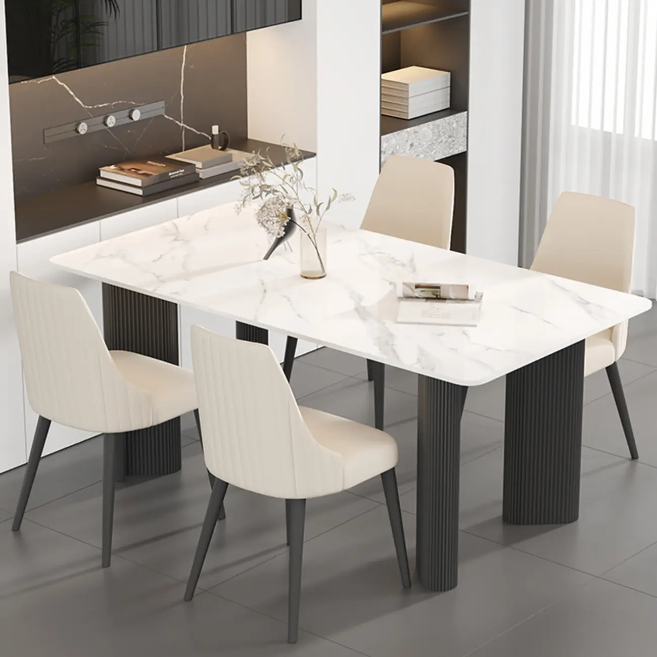 Modern White Slate Dining Room Set with Cushion Chairs Image - 4 | homeyfad