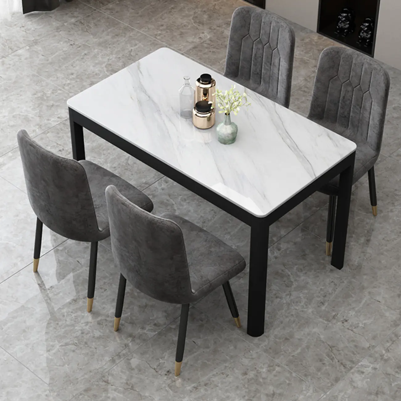Modern slate Dining Table Set with Padded Chairs Image - 2 | homeyfad