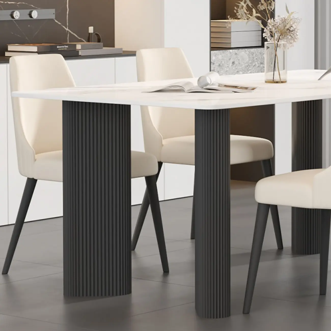 Modern White Slate Dining Room Set with Cushion Chairs Image - 6 | homeyfad