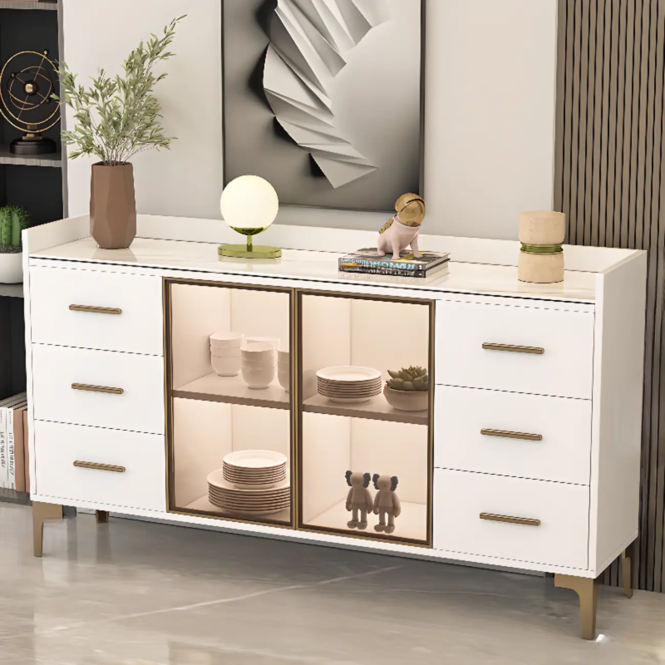 4 Metal Foots White Kitchen Cabinet with Glam Design Image - 1 | homeyfad