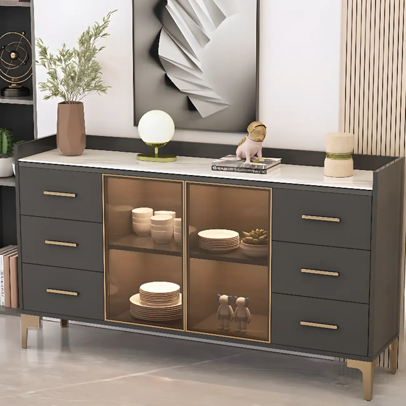 4 Metal Foots White Kitchen Cabinet with Glam Design Image - 2