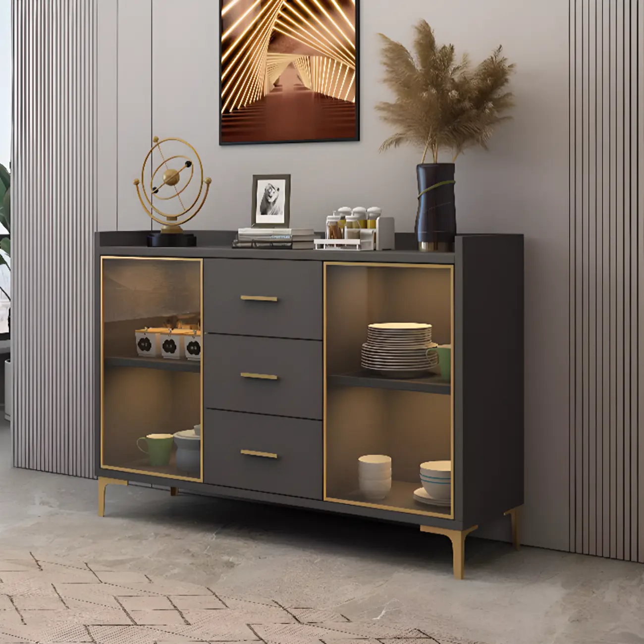 4 Metal Foots White Kitchen Cabinet with Glam Design Image - 3 | homeyfad