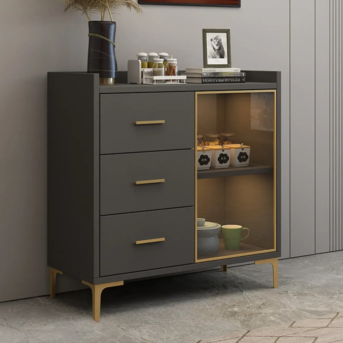 4 Metal Foots White Kitchen Cabinet with Glam Design Image - 4