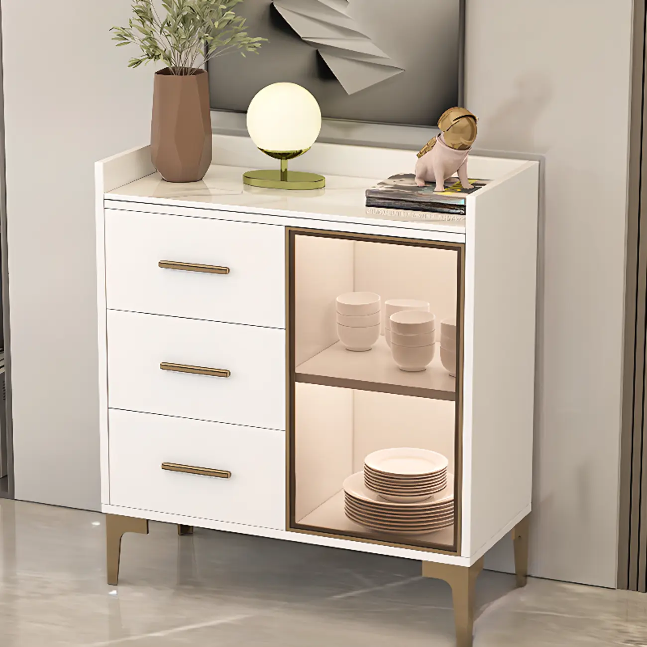 4 Metal Foots White Kitchen Cabinet with Glam Design Image - 5 | homeyfad