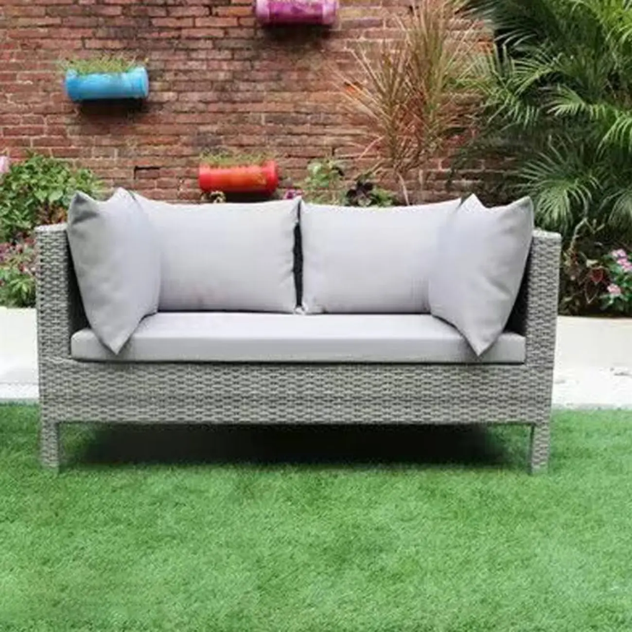 Modern Rattan Woven Outdoor Sofa with Grey Pillows Image - 2 | homeyfad