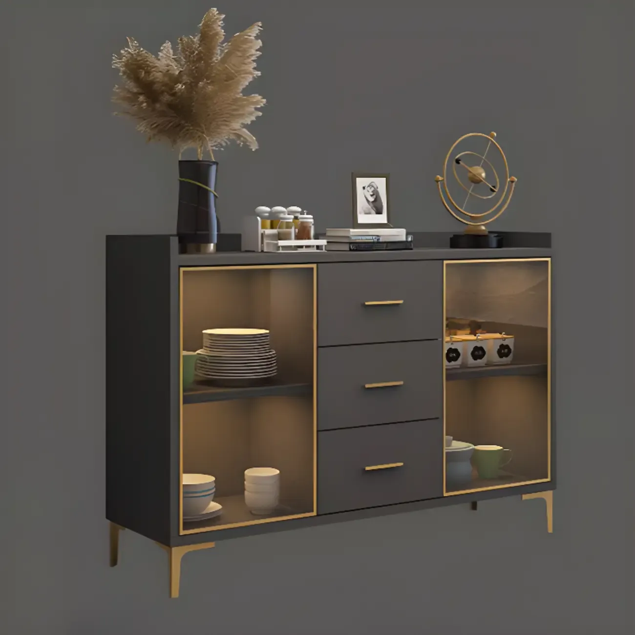 4 Metal Foots White Kitchen Cabinet with Glam Design Image - 6