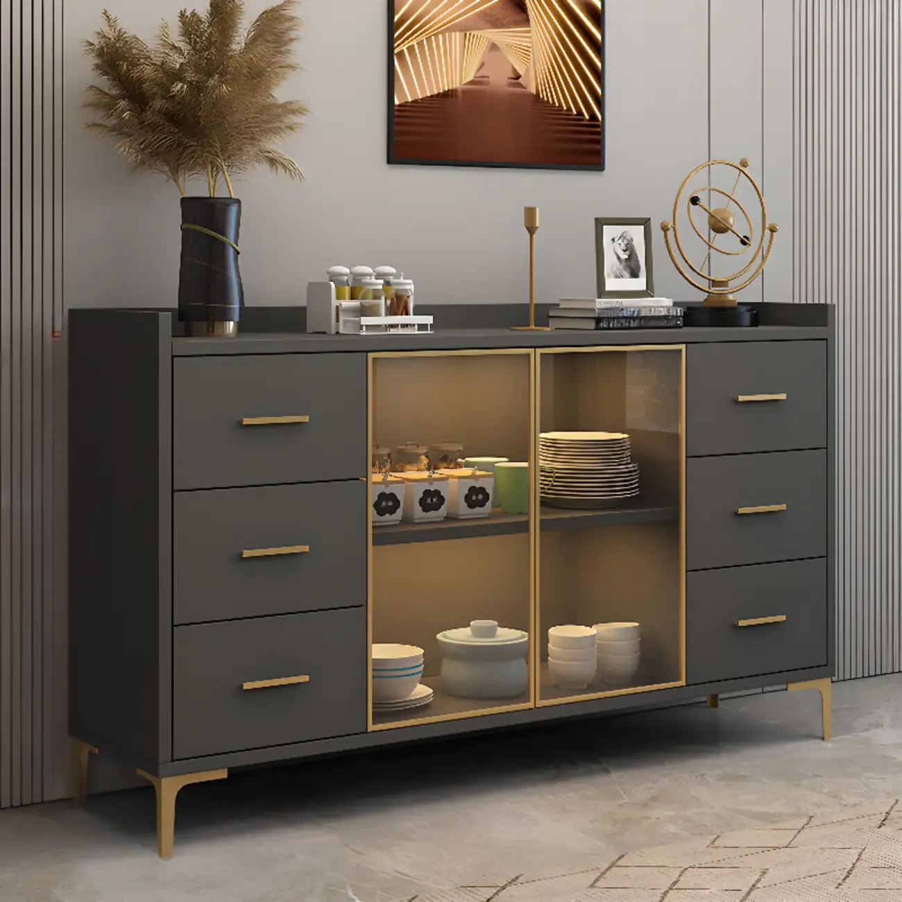 4 Metal Foots White Kitchen Cabinet with Glam Design Image - 7