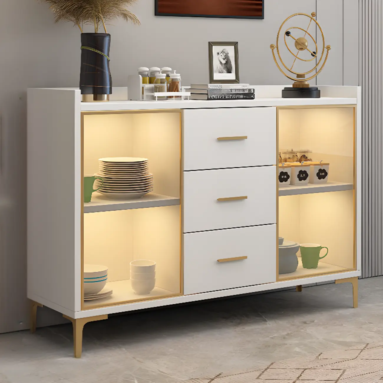 4 Metal Foots White Kitchen Cabinet with Glam Design Image - 8 | homeyfad