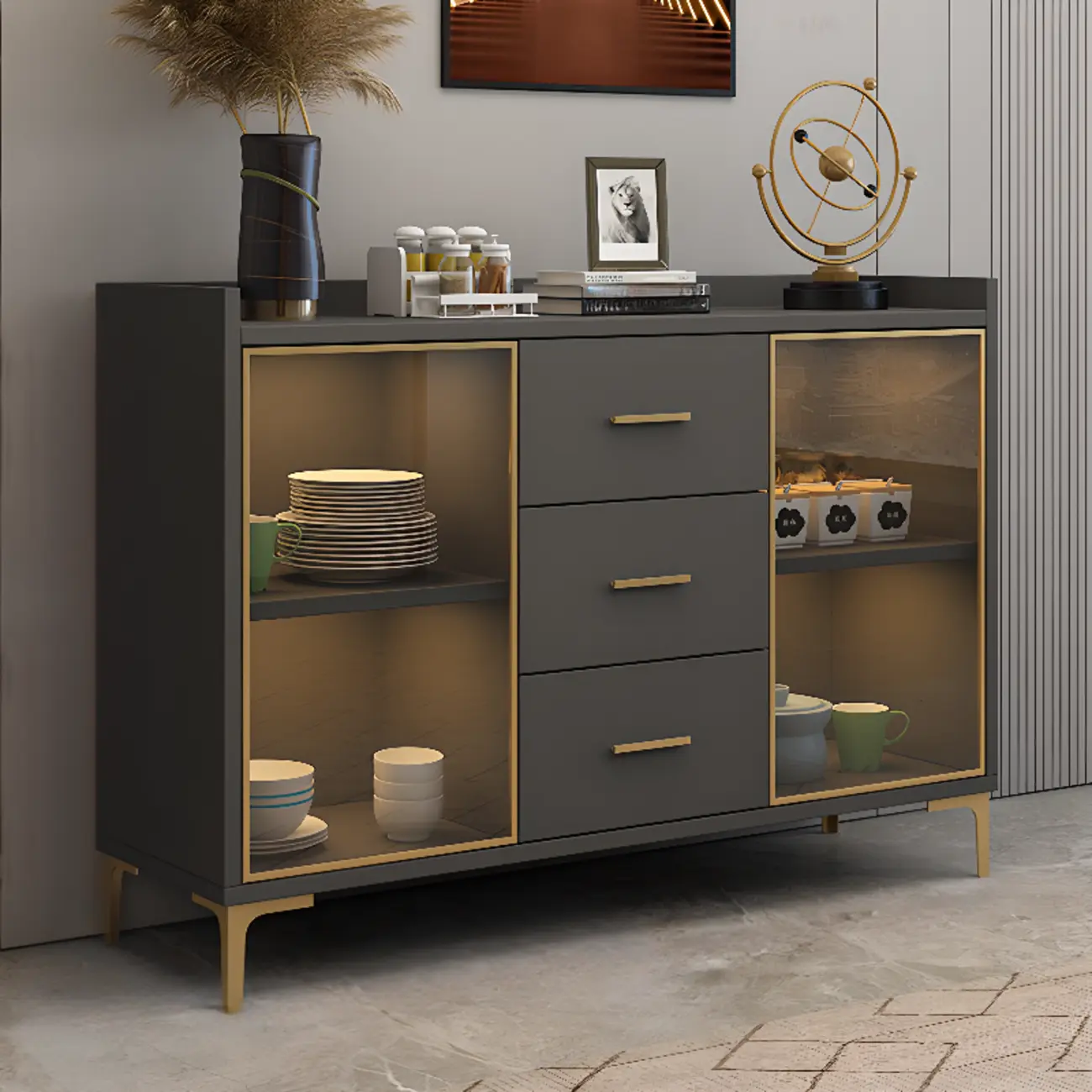 4 Metal Foots White Kitchen Cabinet with Glam Design Image - 9 | homeyfad