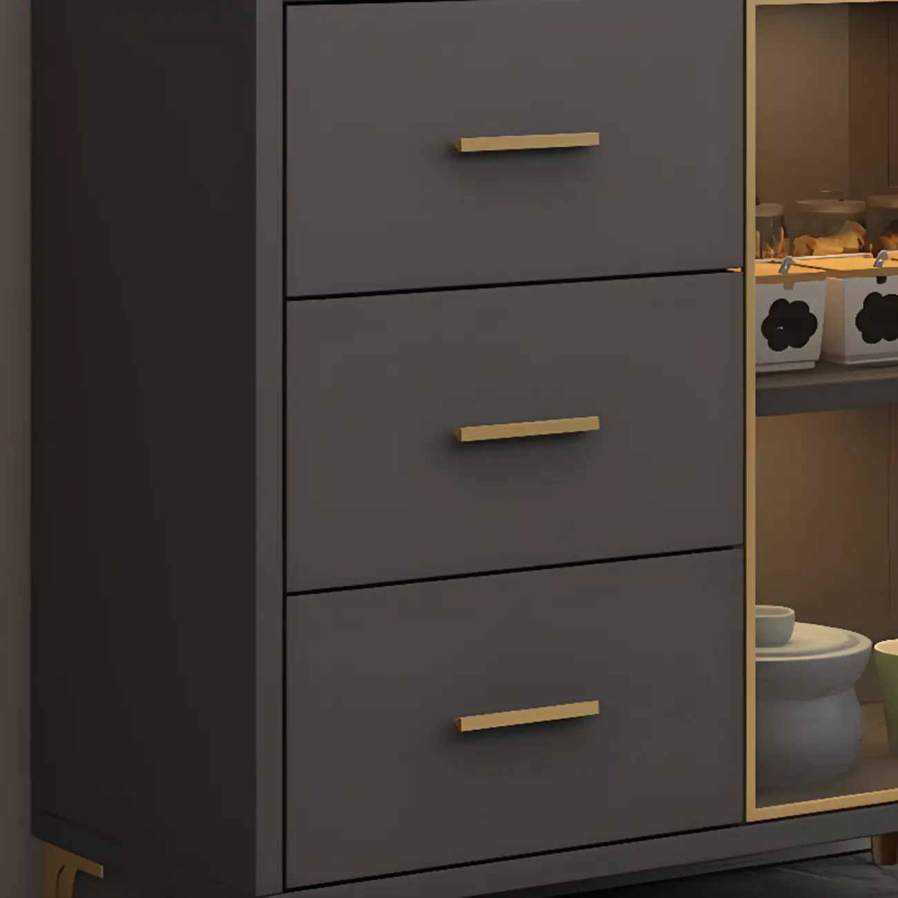 4 Metal Foots White Kitchen Cabinet with Glam Design Image - 10 | homeyfad