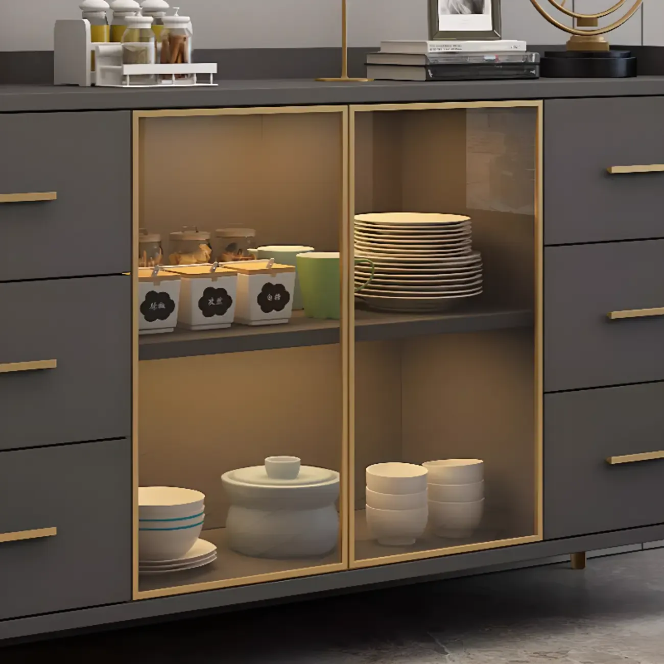 4 Metal Foots White Kitchen Cabinet with Glam Design Image - 12