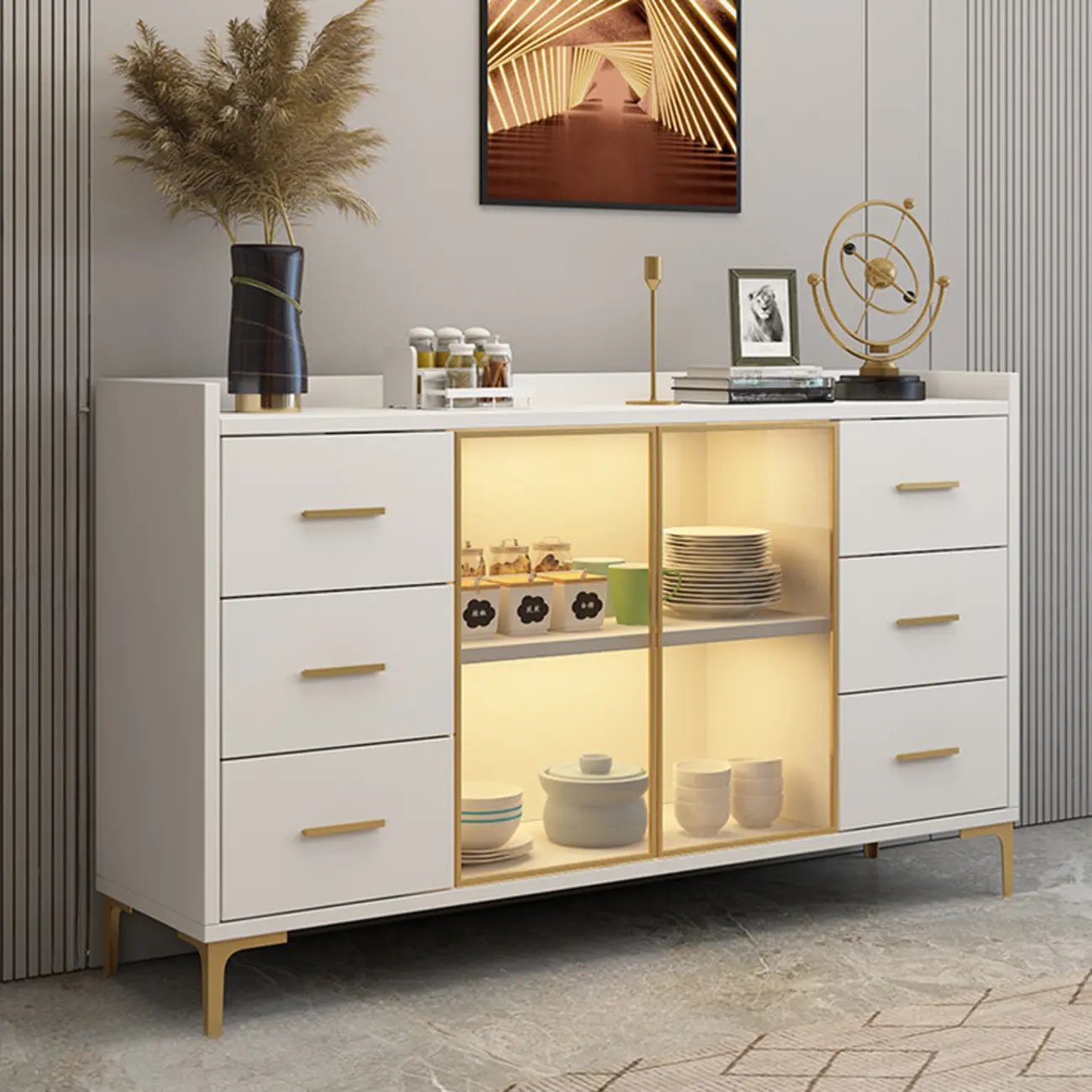 4 Metal Foots White Kitchen Cabinet with Glam Design Image - 14 | homeyfad