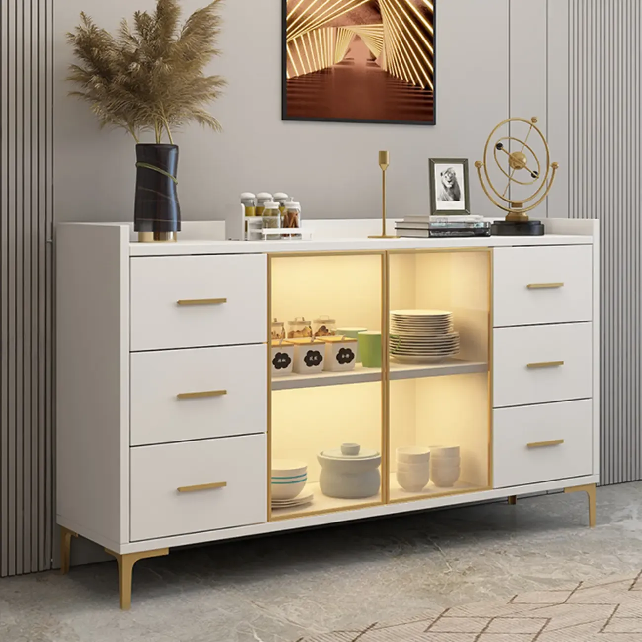 4 Metal Foots White Kitchen Cabinet with Glam Design Image - 14