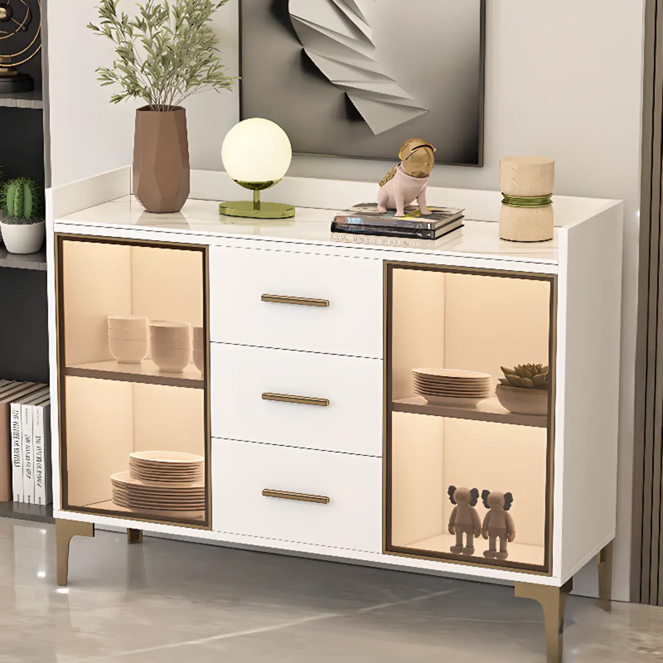 4 Metal Foots White Kitchen Cabinet with Glam Design Image - 15 | homeyfad