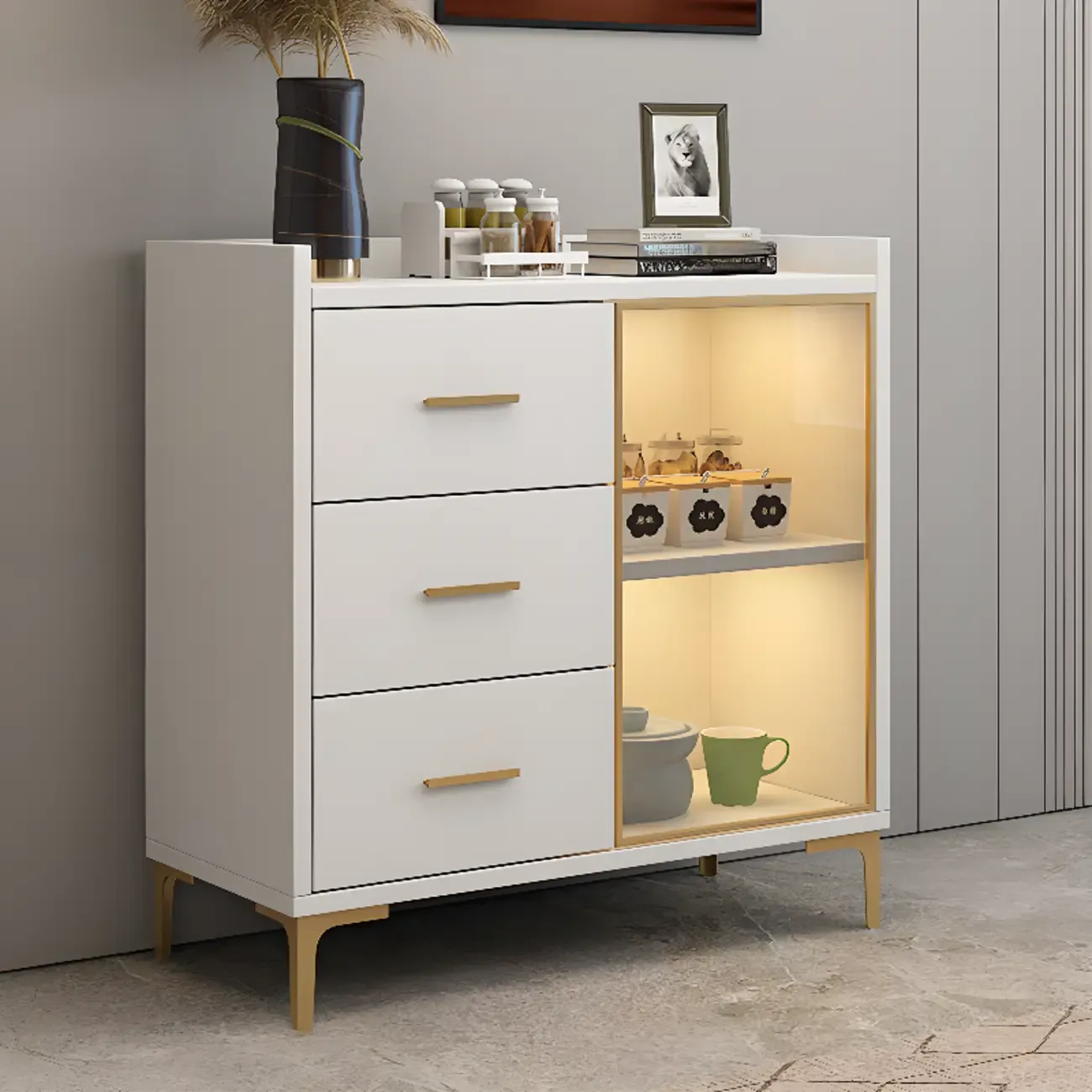 Trendy 6 Drawers White/Black Kitchen Cabinets with Metal Foot | HomeyFad