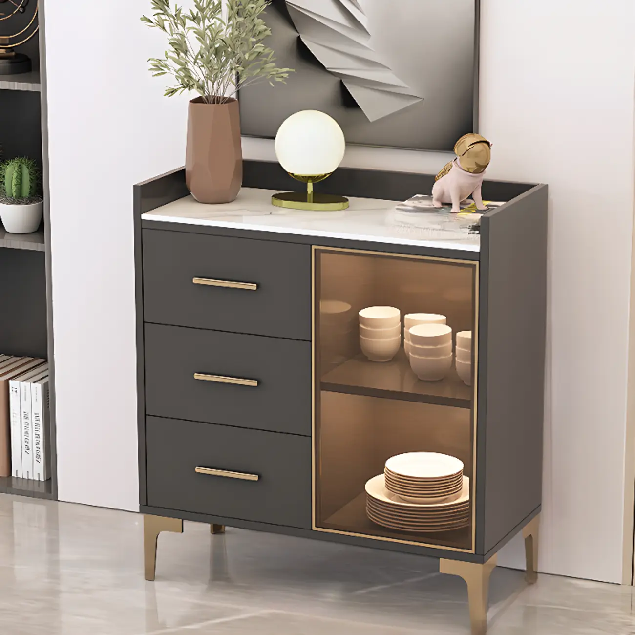 4 Metal Foots White Kitchen Cabinet with Glam Design Image - 17 | homeyfad