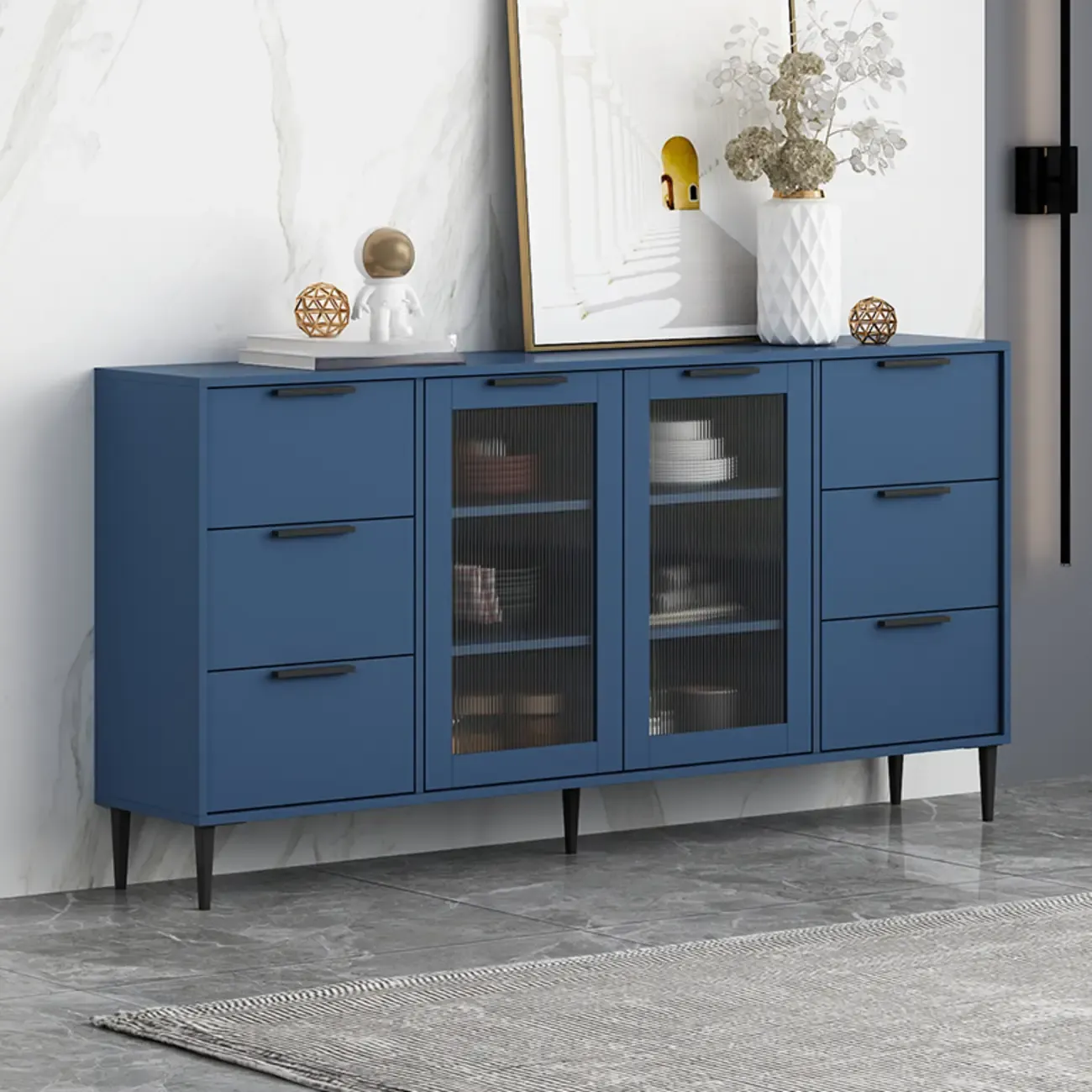 Modern Wooden Sideboard with Glass Doors & Drawers Image - 1