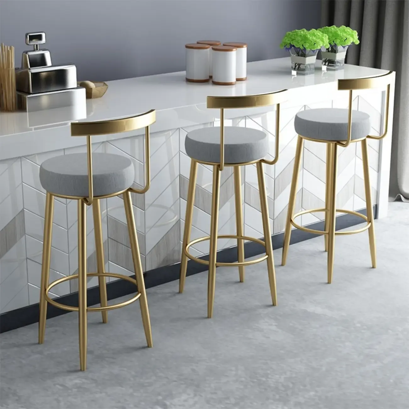 Durable Upholstered Metal Bar Stools with Footrest for Kitchen Image - 2