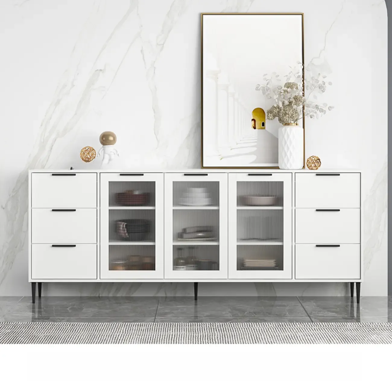 Modern Wooden Sideboard with Glass Doors & Drawers Image - 2