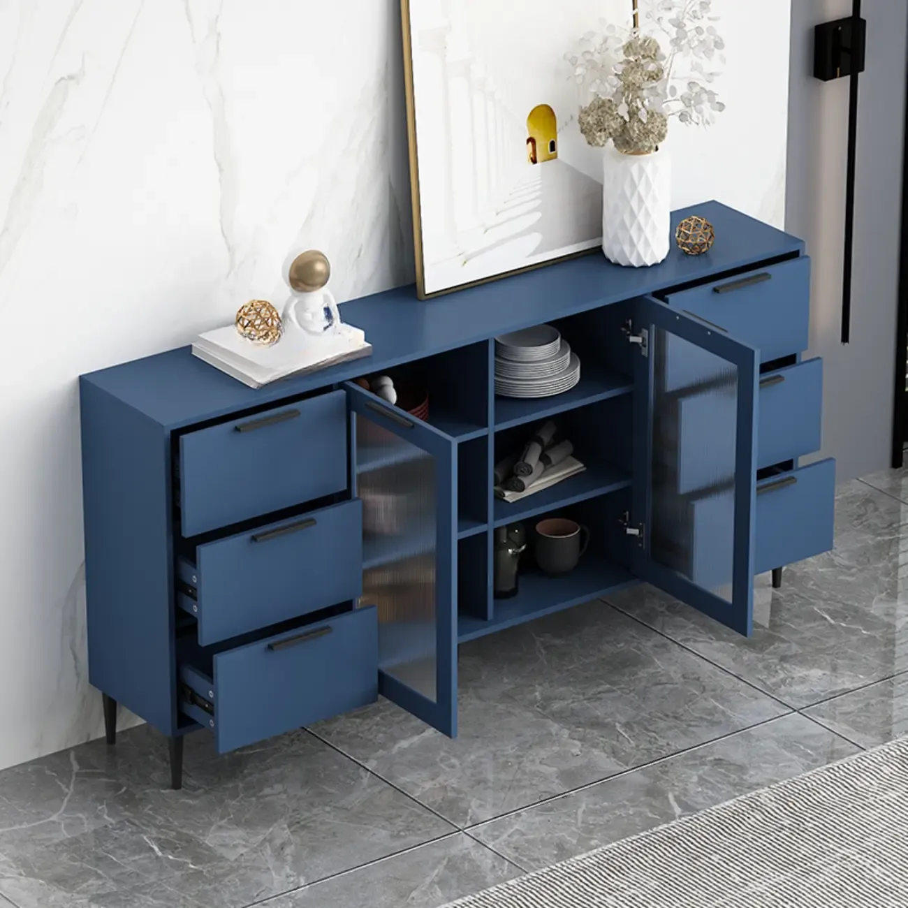 Modern Wooden Sideboard with Glass Doors & Drawers Image - 3