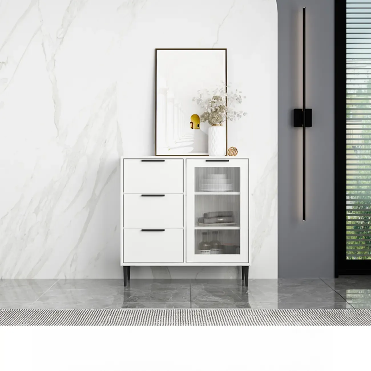 Modern Wooden Sideboard with Glass Doors & Drawers Image - 7