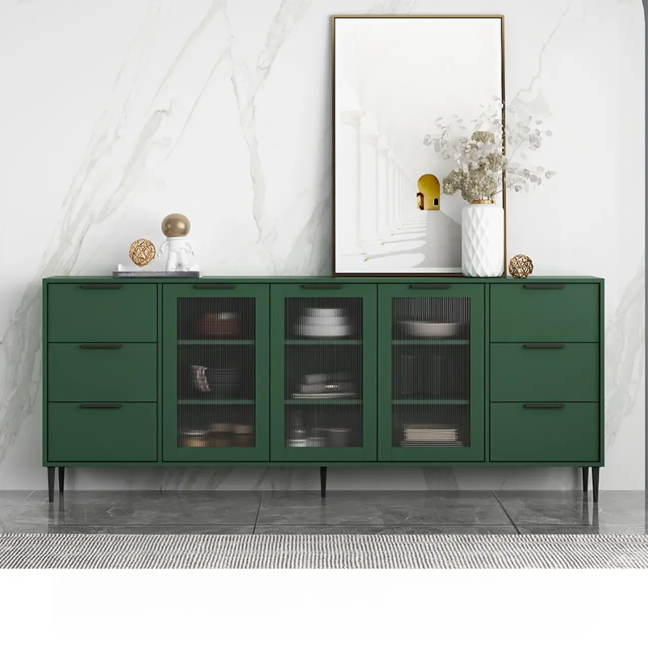 Modern Wooden Sideboard with Glass Doors & Drawers Image - 9