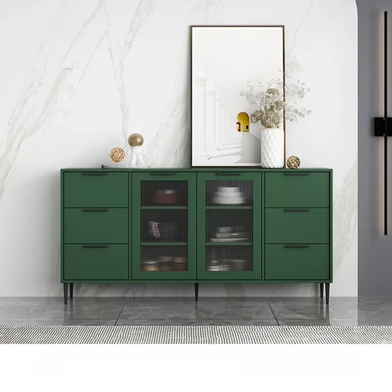 Modern Wooden Sideboard with Glass Doors & Drawers Image - 11