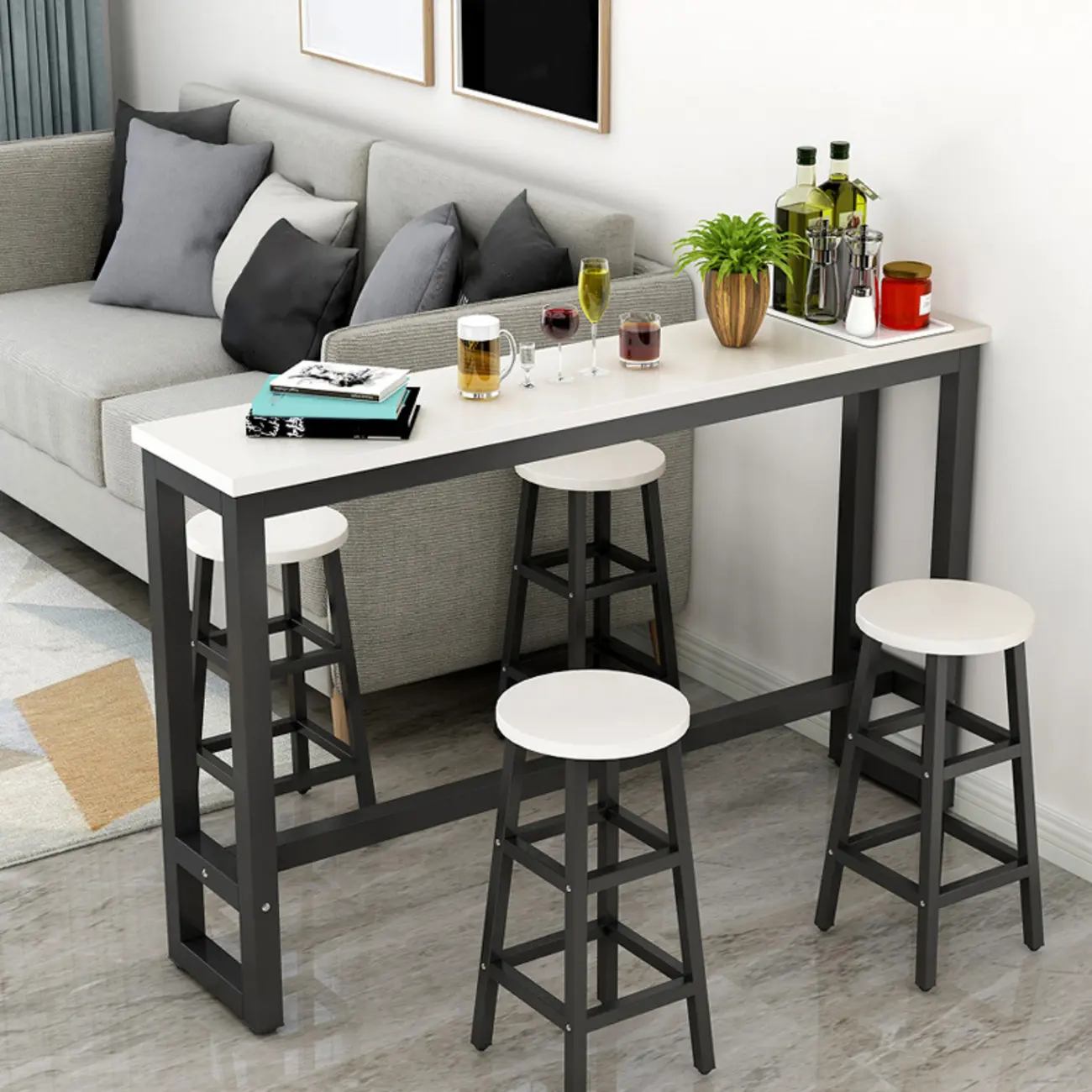 Elegant White Narrow Bar Table with Metal Footrest for Modern Home Decor Image - 1 | homeyfad