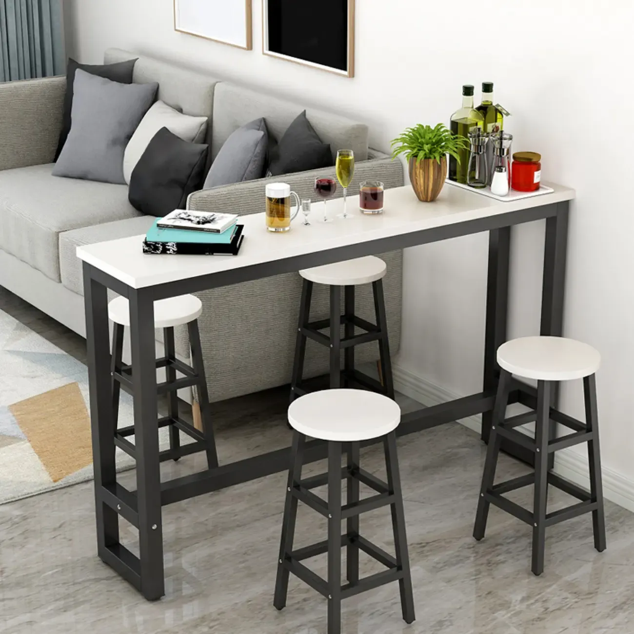 Elegant White Narrow Bar Table with Metal Footrest for Modern Home Decor Image - 1